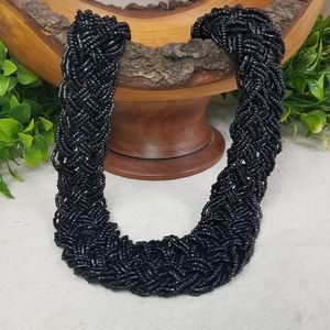 VTG Black Glass Seed Bead Braided Chunky Necklace